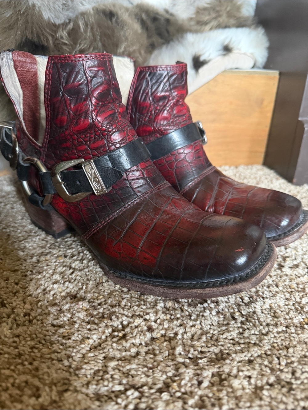 Freebird by Steven Red Croc-Embossed Ankle Booties with Black Harness